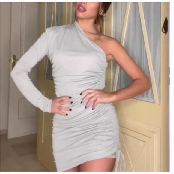 Zara Dresses & Skirts - ZARA One Shoulder Asymmetrical Ruched Bodycon Stretch Fully Lined Dress